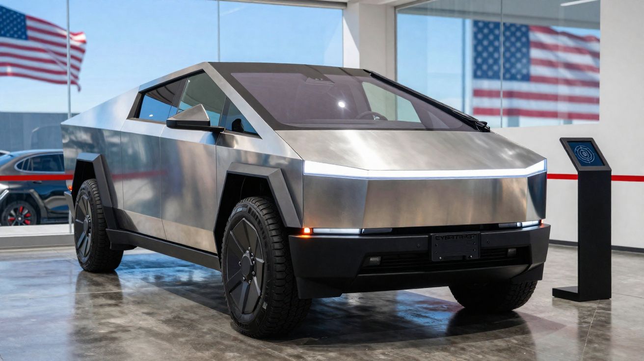 Carro elétrico futurista Tesla Cybertruck em exposição interior com bandeiras dos Estados Unidos ao fundo.