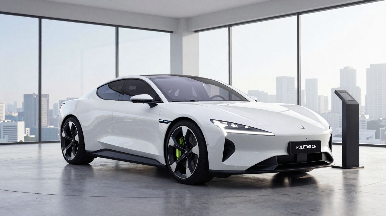 Carro elétrico branco Polestar 6 estacionado em showroom moderno com janelas amplas e vista urbana ao fundo.