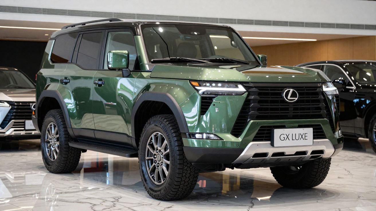 SUV Lexus GX Luxe verde com design robusto, estacionado em piso de mármore dentro de concessionária.