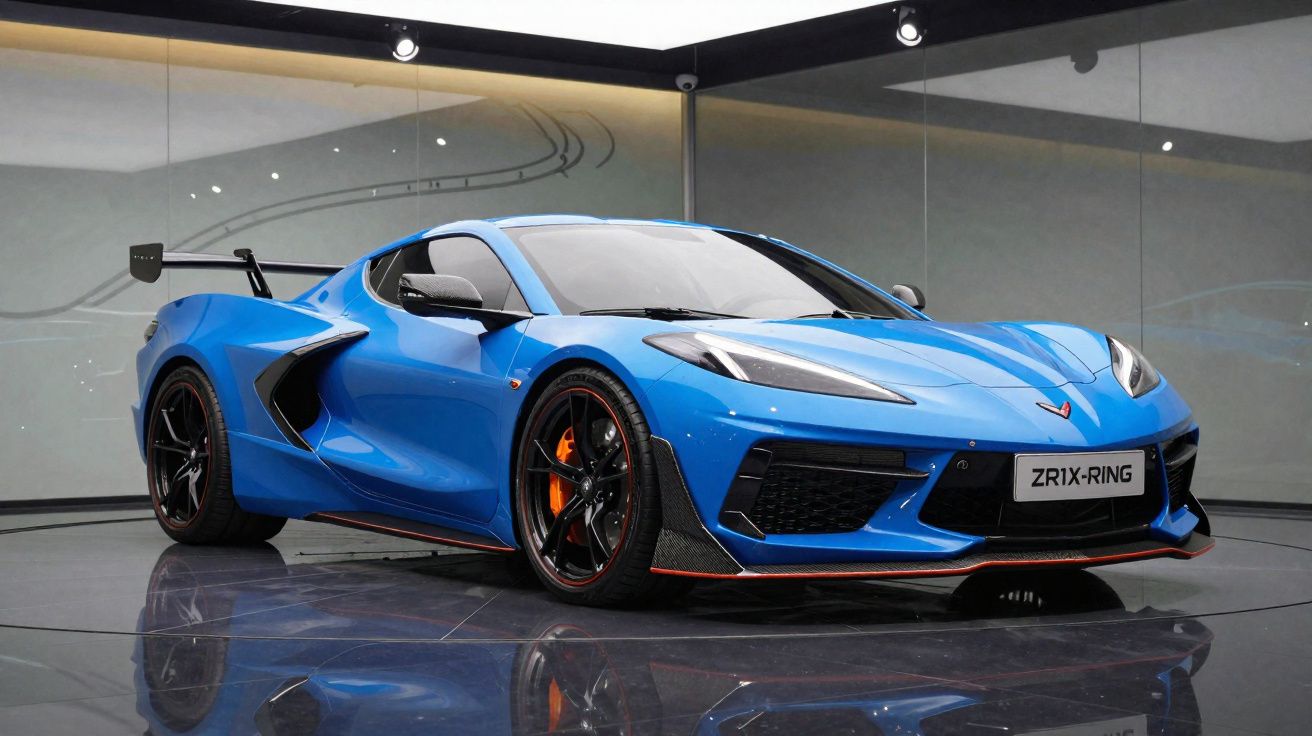 Carro desportivo azul com detalhes pretos e jantes pretas exibido num espaço moderno e iluminado.