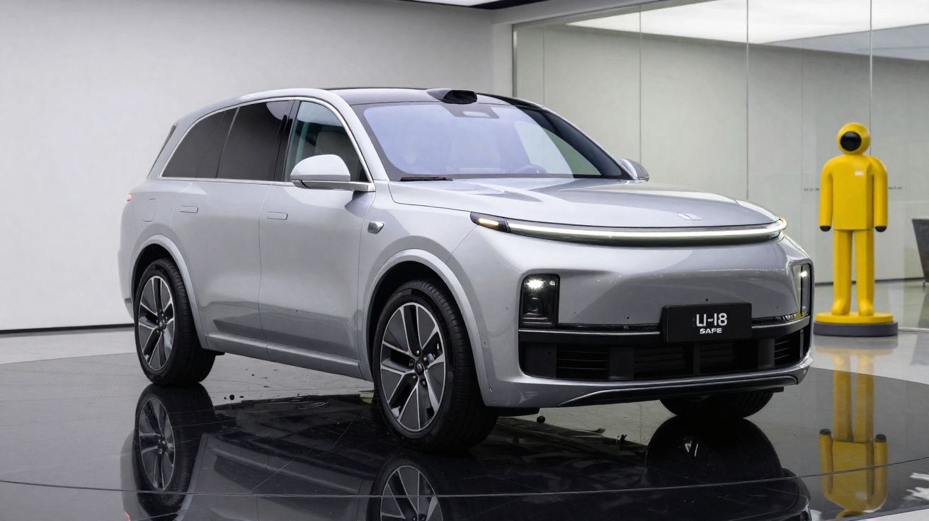 Carro elétrico cinza moderno e futurista exposto num salão com chão refletor e fundo branco.