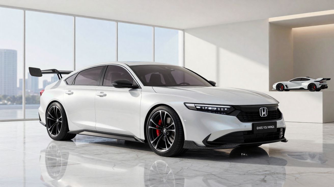 Carro desportivo branco com design moderno e asa traseira, em ambiente interior com grande janela.