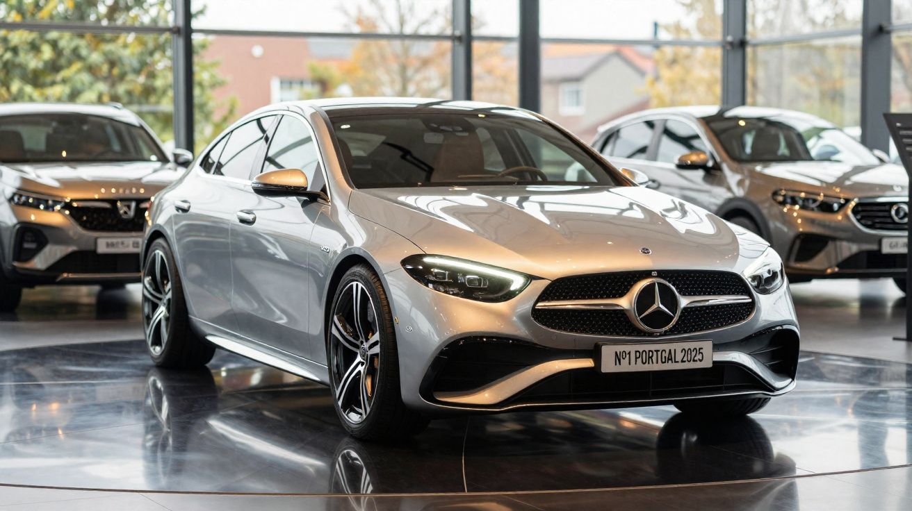 Carro Mercedes-Benz prata exposto numa sala de exposição com outros veículos ao fundo.