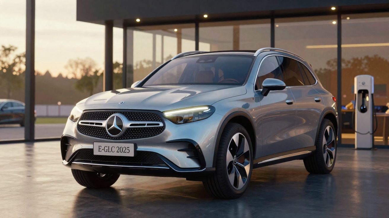 Mercedes-Benz E-GLC 2025 prateado estacionado em ambiente urbano com carregador elétrico ao fundo.
