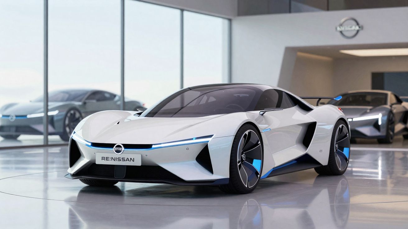 Carro desportivo elétrico branco da Nissan com design futurista e detalhes em azul, exposto numa sala moderna.