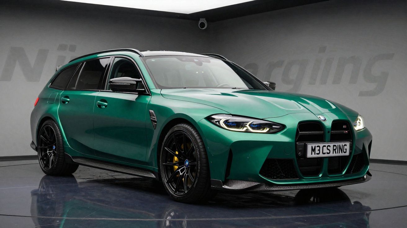 Carrinha desportiva BMW M3 CS verde metálico em ambiente fechado com rodas pretas e travões amarelos.