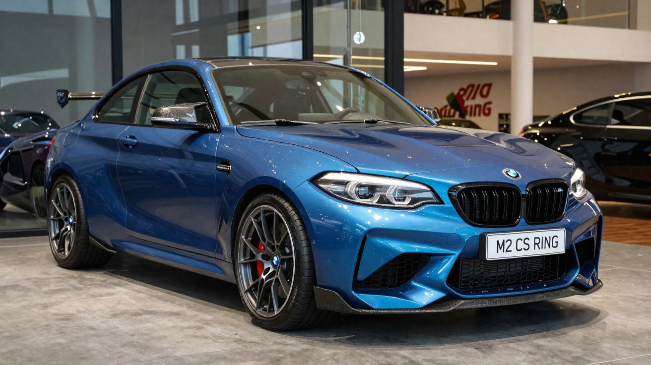 Carro desportivo BMW azul metálico em exposição numa sala de salão de automóveis.