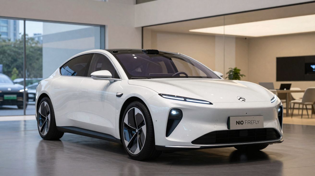 Carro elétrico branco NIO Firefly exposto num showroom moderno com luz natural.
