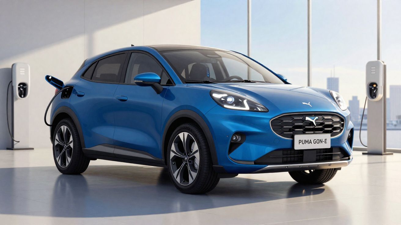 Carro elétrico azul Puma GON-E a ser carregado numa estação de carregamento interior moderna.