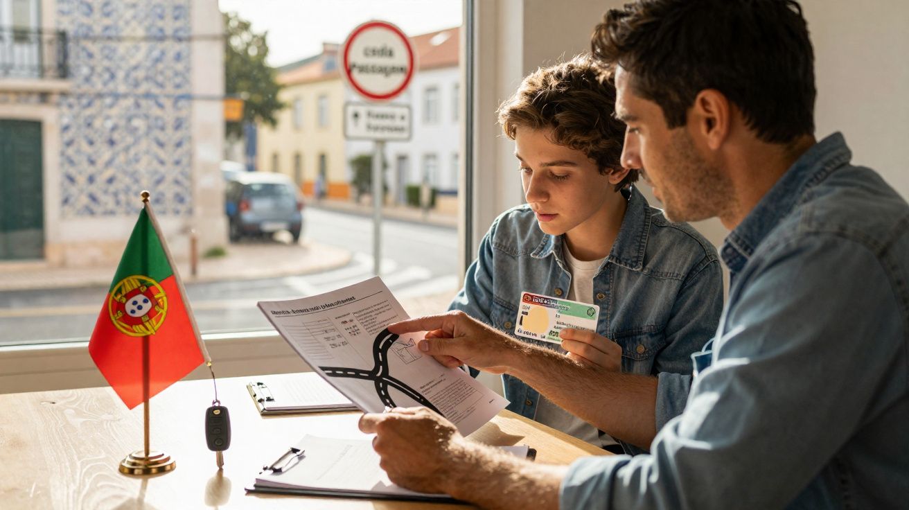 Jovem com carta de condução aprende regras de trânsito com instrutor numa sala iluminada em Portugal.