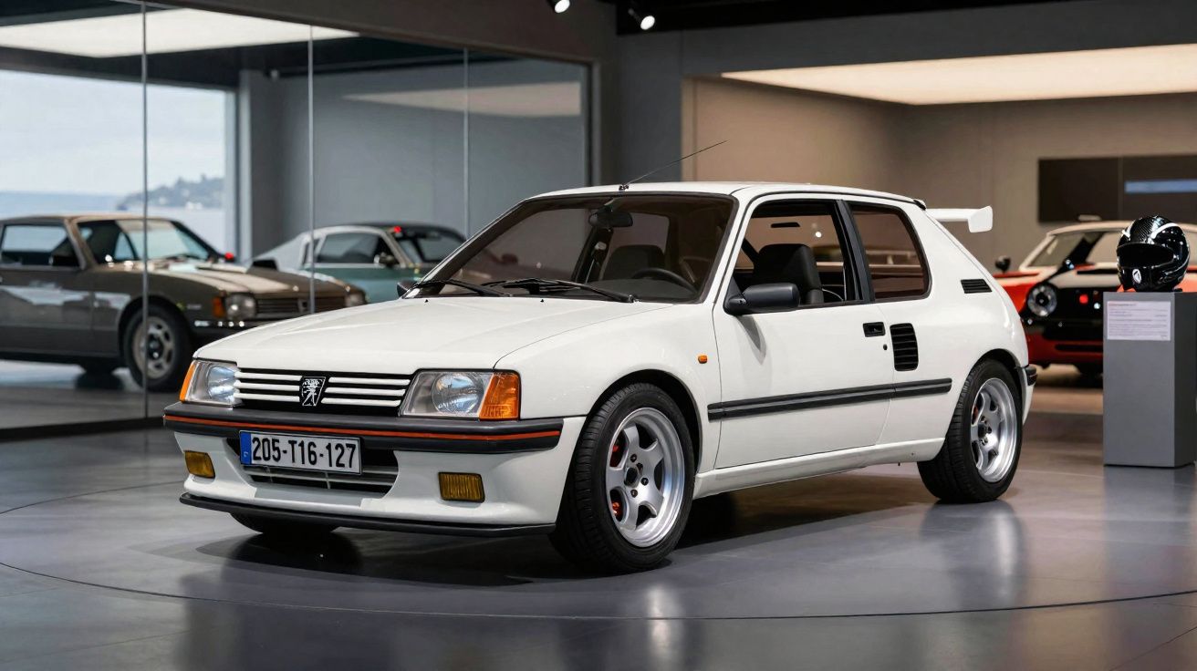 Peugeot 205 GTI branco clássico exposto em museu automóvel moderno com piso brilhante.
