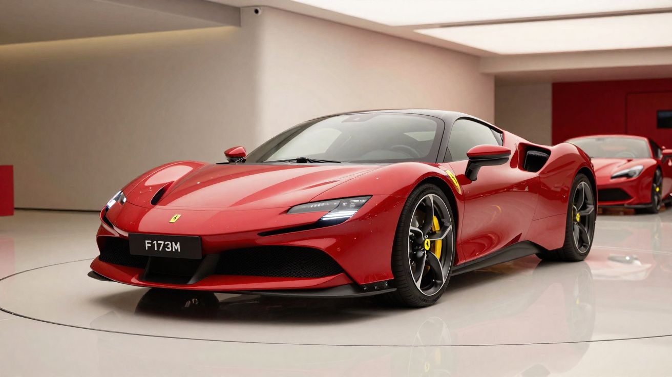 Carro desportivo Ferrari vermelho estacionado em showroom moderno com fundo neutro.