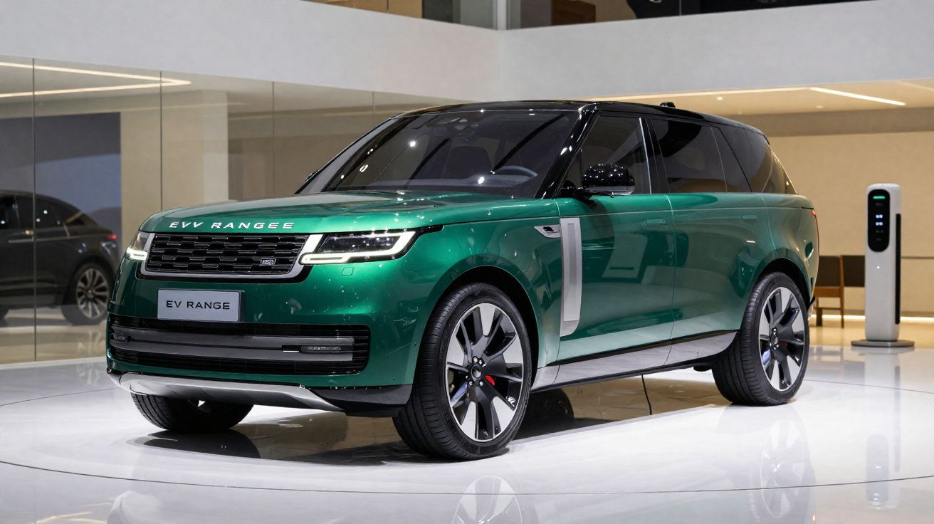 Carro eléctrico SUV verde metálico estacionado em showroom moderno com carregador ao fundo.