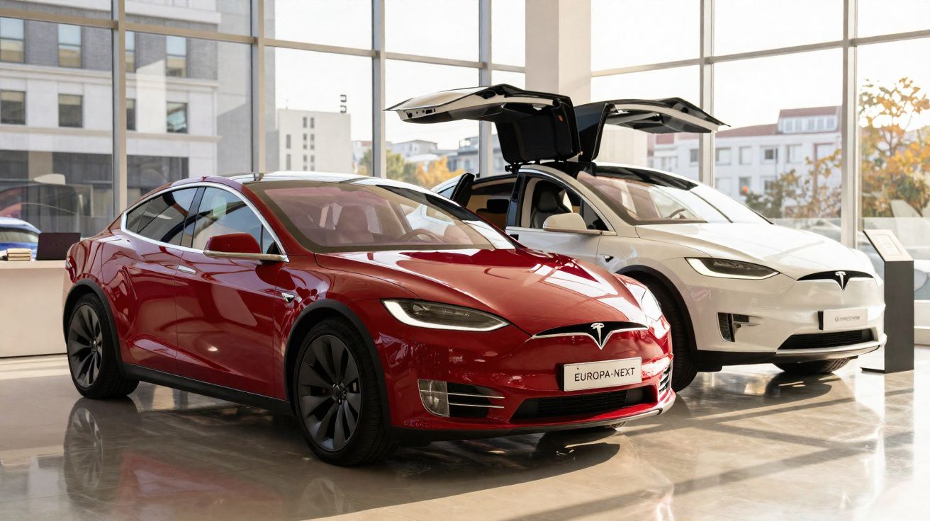 Dois carros Tesla elétricos, um vermelho e um branco com portas abertas, num showroom moderno com grandes janelas.