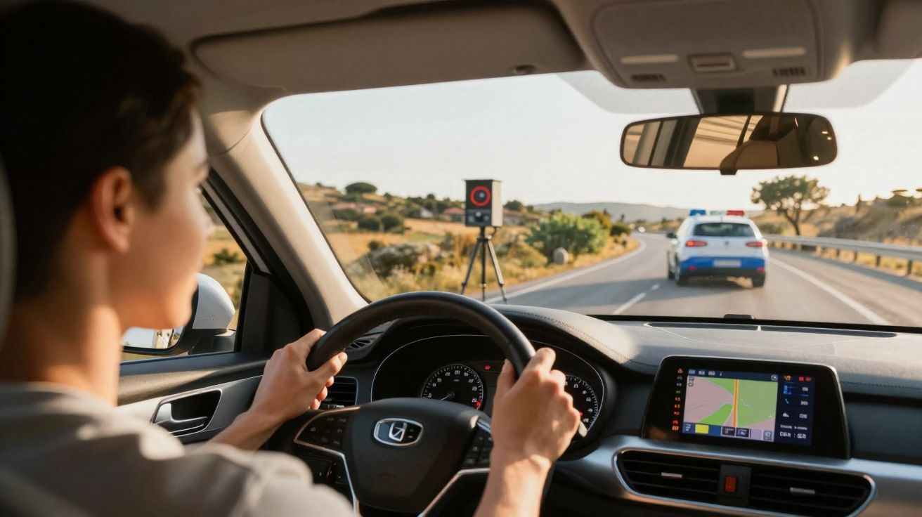 Pessoa a conduzir um carro com um radar de velocidade e uma viatura policial no caminho à frente numa estrada.