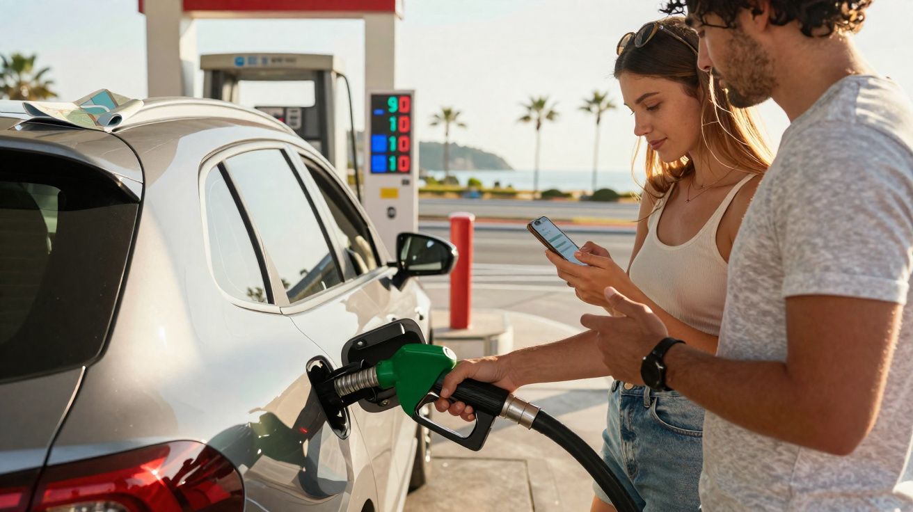 Casal jovem abastece carro numa bomba de combustível numa estação de serviço ao ao ar livre.