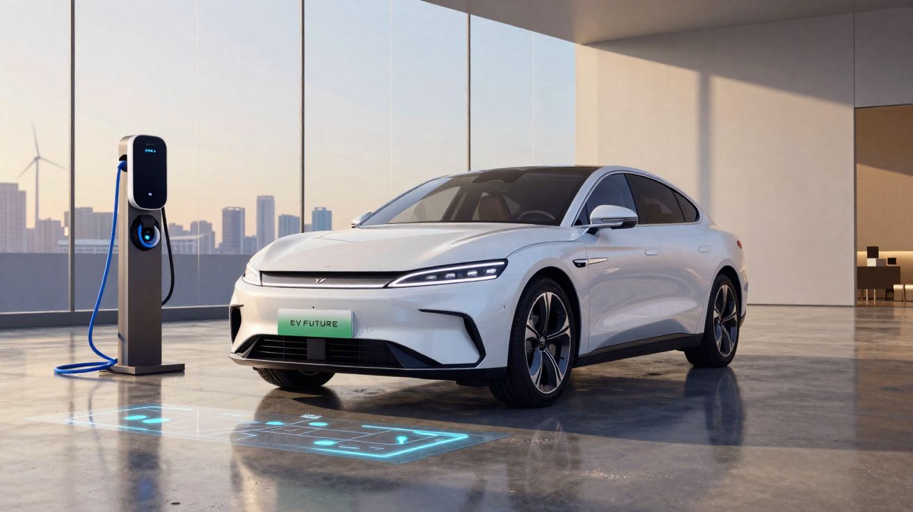 Carro elétrico branco moderno a carregar numa estação de carregamento numa garagem ampla com vista para a cidade.