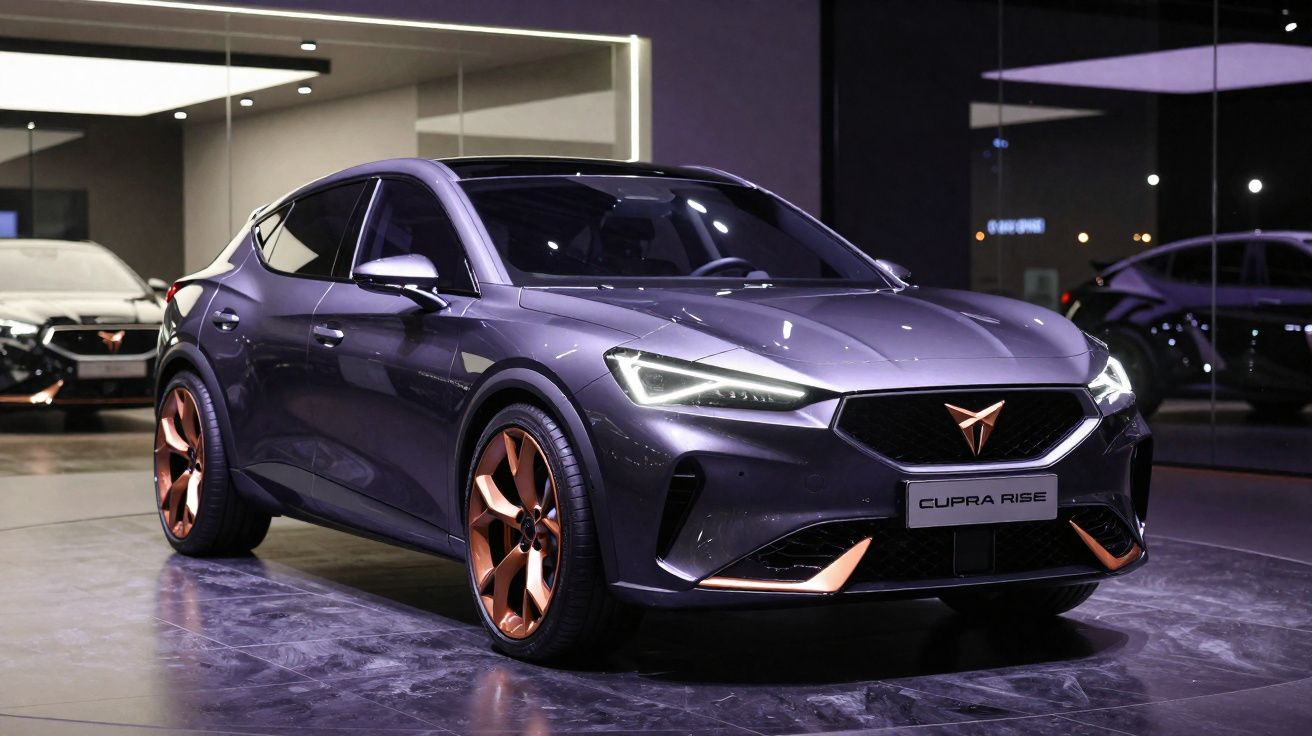 Cupra Rise cinzento metálico com jantes desportivas cor bronze em exibição numa sala moderna.