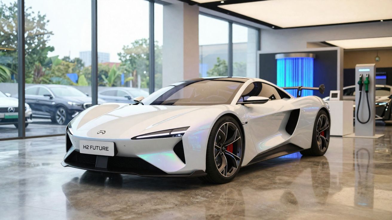 Carro desportivo branco futurista estacionado em showroom moderno com monitores e carros ao fundo.