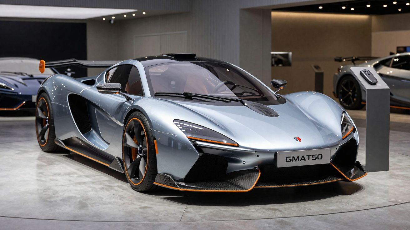 Carro desportivo prata McLaren GMAT50 exibido num salão automóvel moderno.