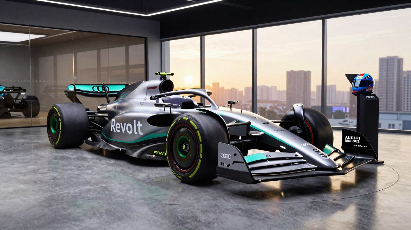 Carro de Fórmula 1 Audi preto e verde numa sala moderna com janelas grandes ao pôr do sol.