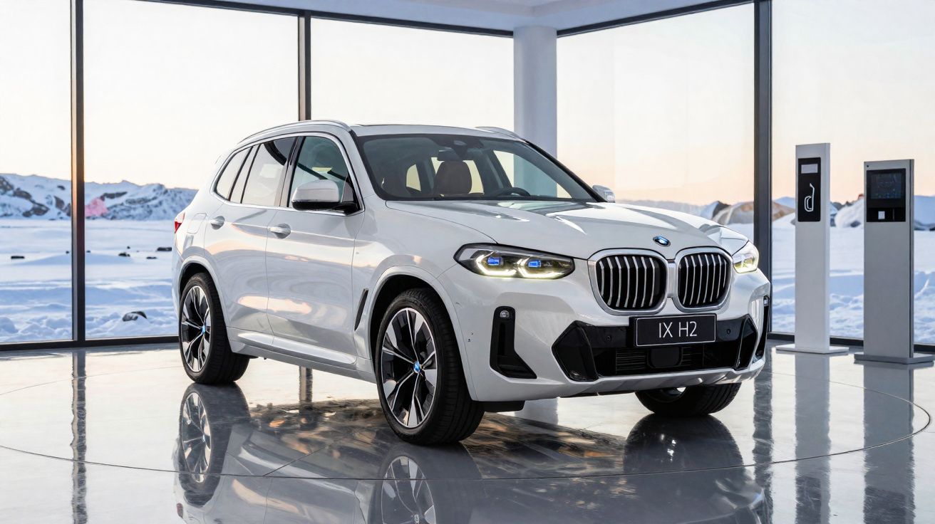 Carro elétrico BMW iX H2 branco estacionado em superfície reflexiva num espaço com paredes de vidro e vista para neve.