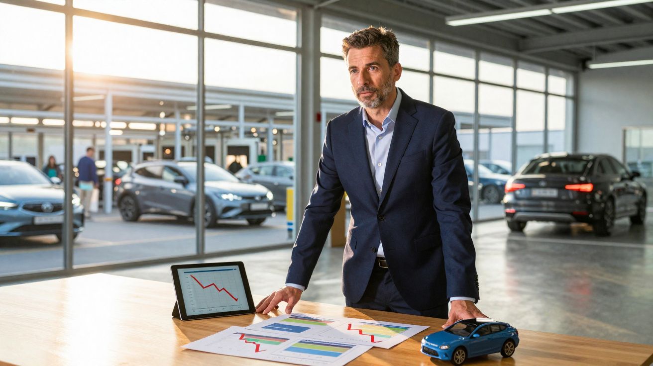 Homem de fato olha para gráficos de vendas em mesa com miniatura de carro em ambiente de concessionária.