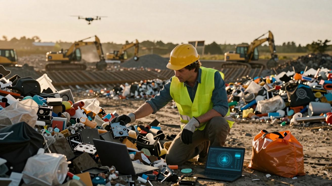 Trabalhador com capacete e colete verifica materiais eletrónicos descartados em zona de construção com retroescavadoras ao fu
