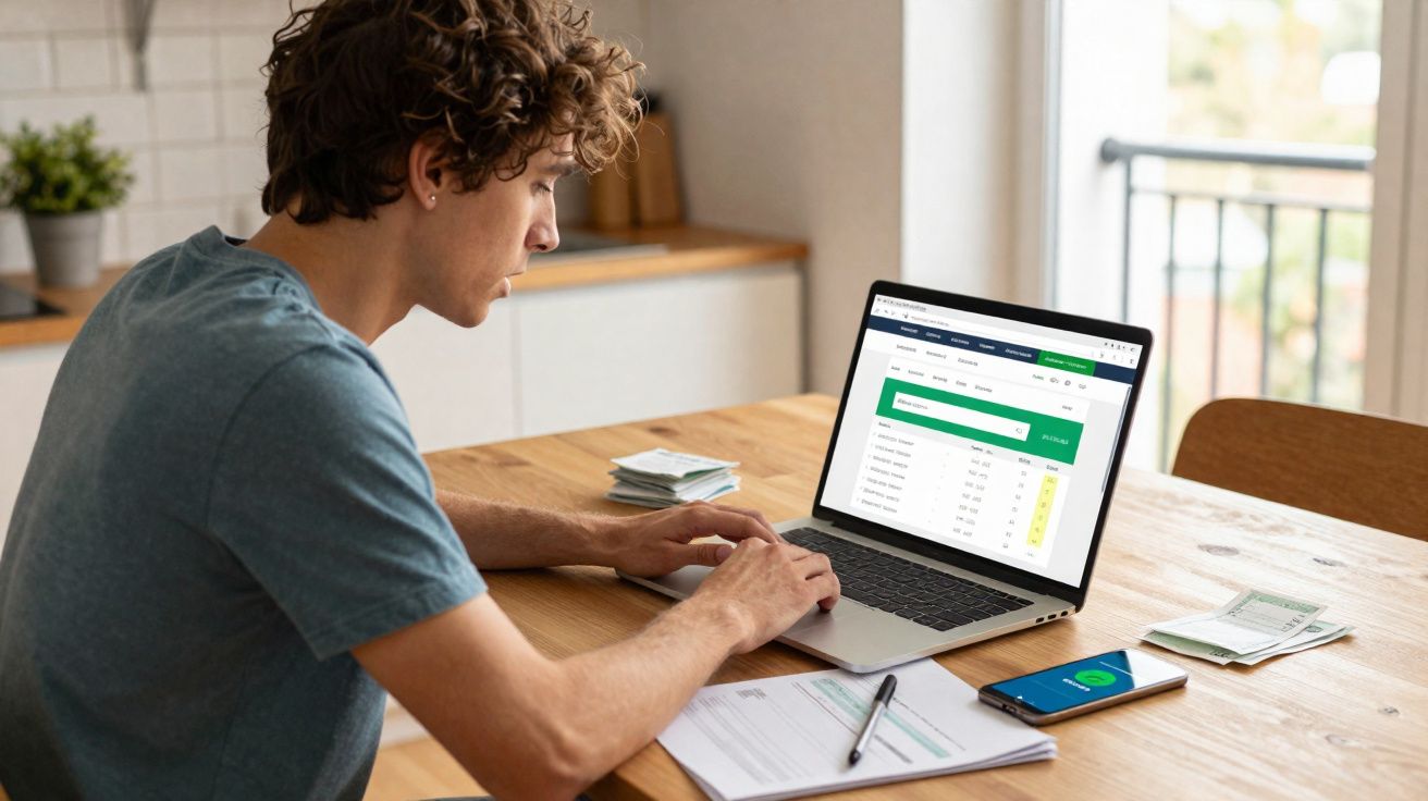 Jovem sentado à mesa a usar laptop e smartphone, rodeado de papéis e notas, num ambiente luminoso em casa.