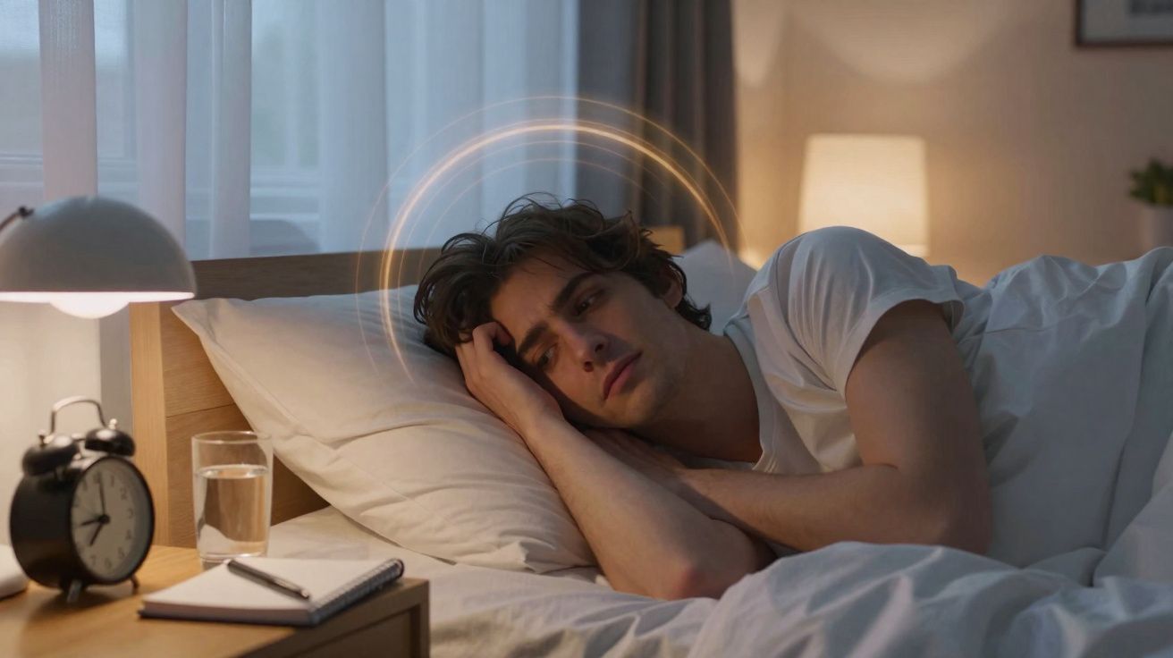 Homem deitado acordado na cama à noite, com expressão preocupada e luz suave no quarto.