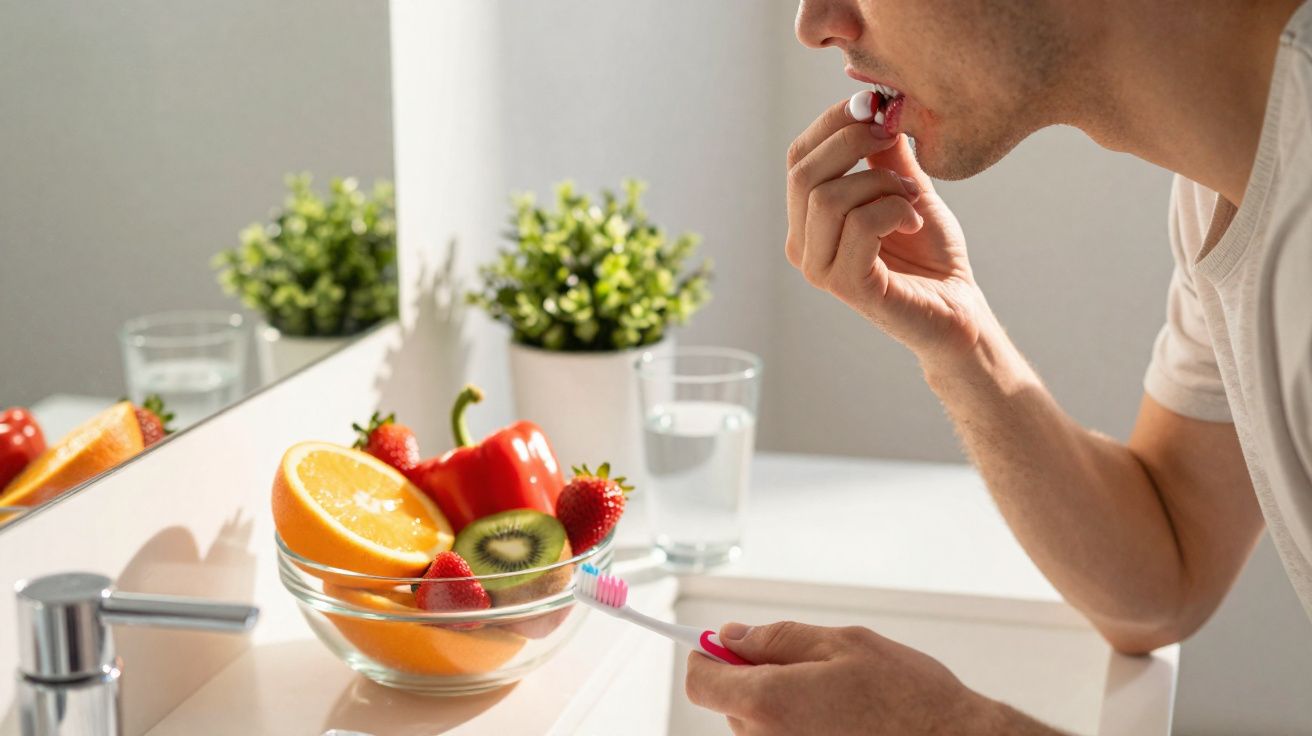Homem a limpar entre os dentes com escova interdental numa casa de banho moderna.