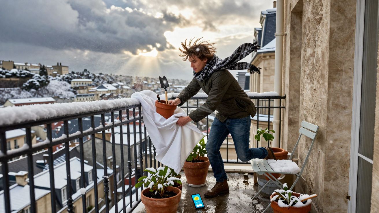 Homem tenta proteger plantas da neve numa varanda durante vento forte num dia nublado com sol a espreitar.