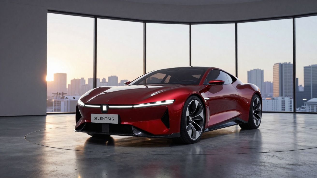 Carro desportivo elétrico vermelho exibido num salão com vista para arranha-céus ao pôr do sol.