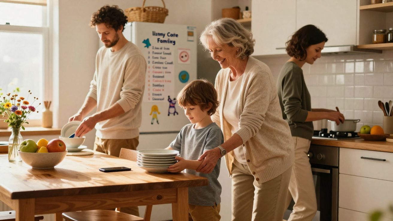Família na cozinha a arrumar a mesa com pratos, num ambiente luminoso e acolhedor.