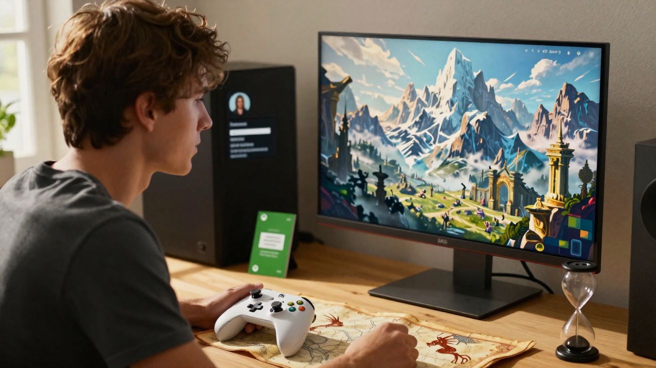 Jovem sentado a jogar num comando branco num computador com ecrã a mostrar paisagem de montanhas e construções.