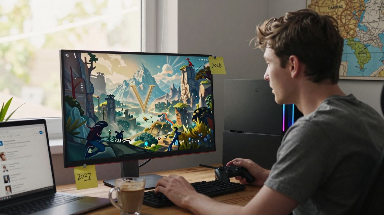 Jovem sentado a jogar videojogo num computador com mesa organizada e café ao lado.