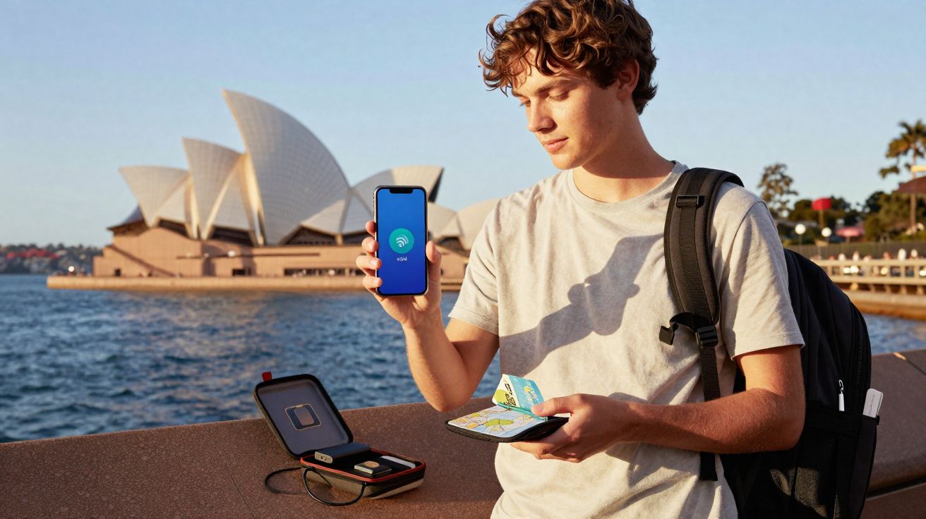 Jovem junto ao Teatro de Sydney mostra telemóvel com ligação Wi-Fi enquanto segura um mapa.