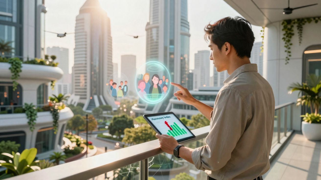Pessoa usando tablet com gráficos e holograma de ícones de pessoas numa varanda urbana moderna.