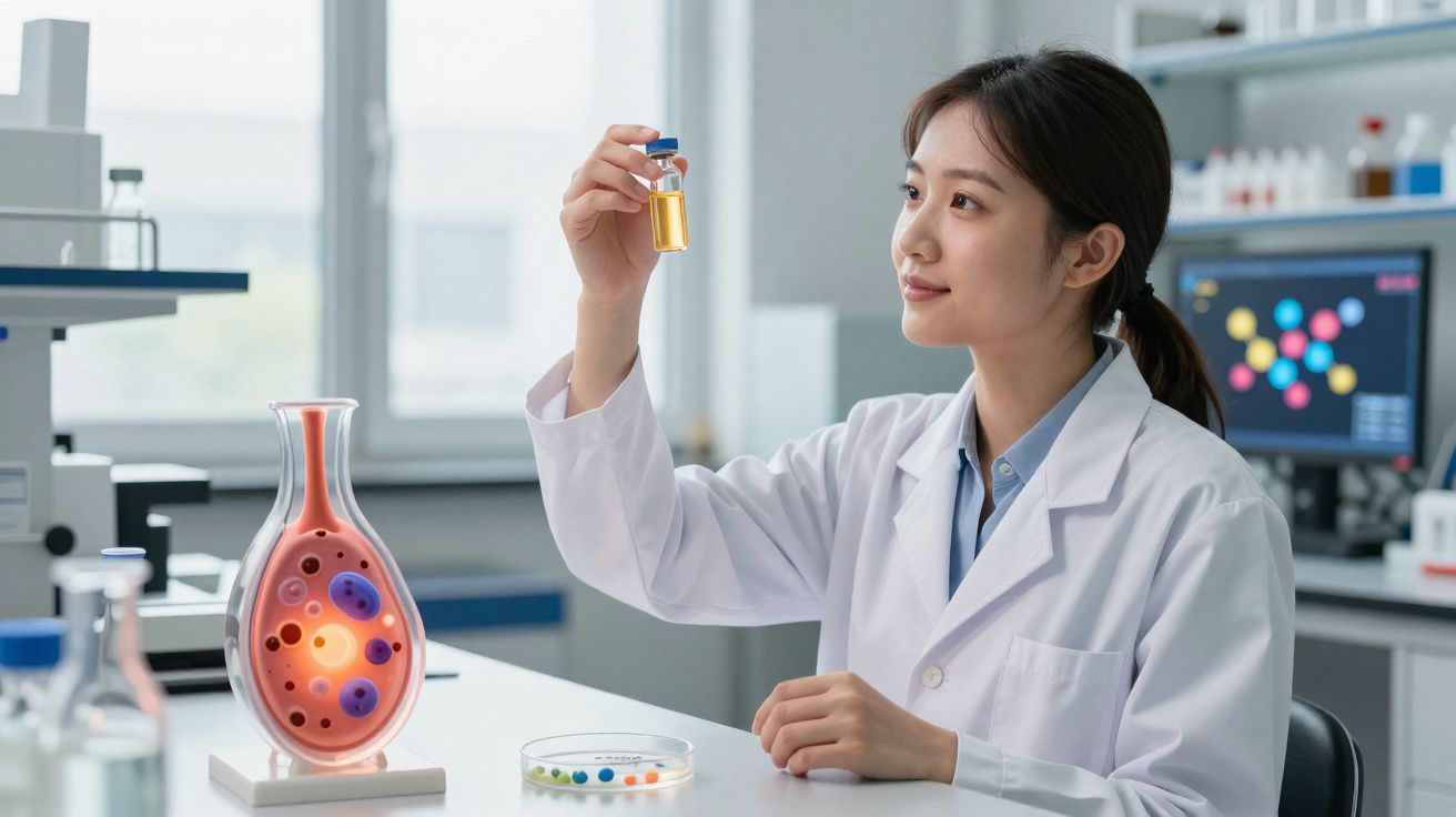Cientista com bata branca segura frasco com líquido amarelo em laboratório moderno, com equipamentos e modelo celular.