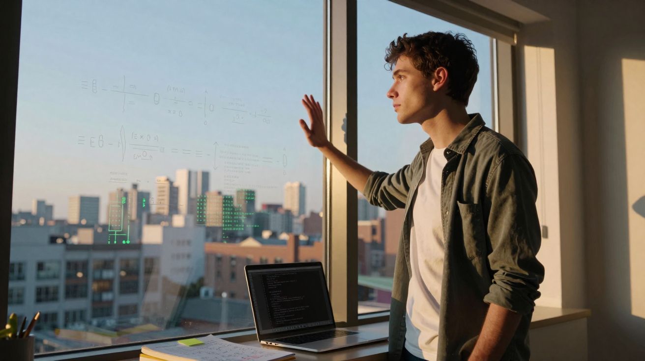 Jovem a olhar pela janela com fórmulas e código projetados, ao lado de portátil numa mesa.