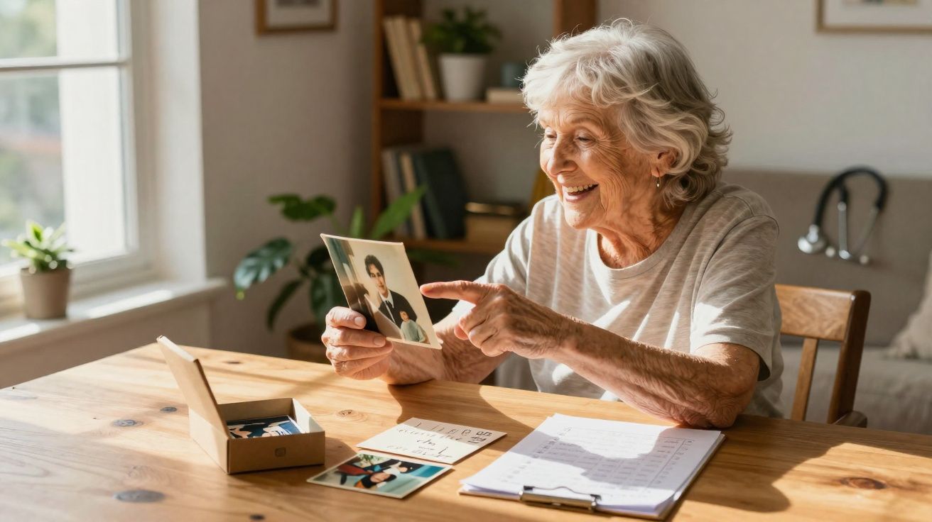 Senhora idosa sorridente sentada à mesa a olhar uma fotografia antiga com alegria e memórias.