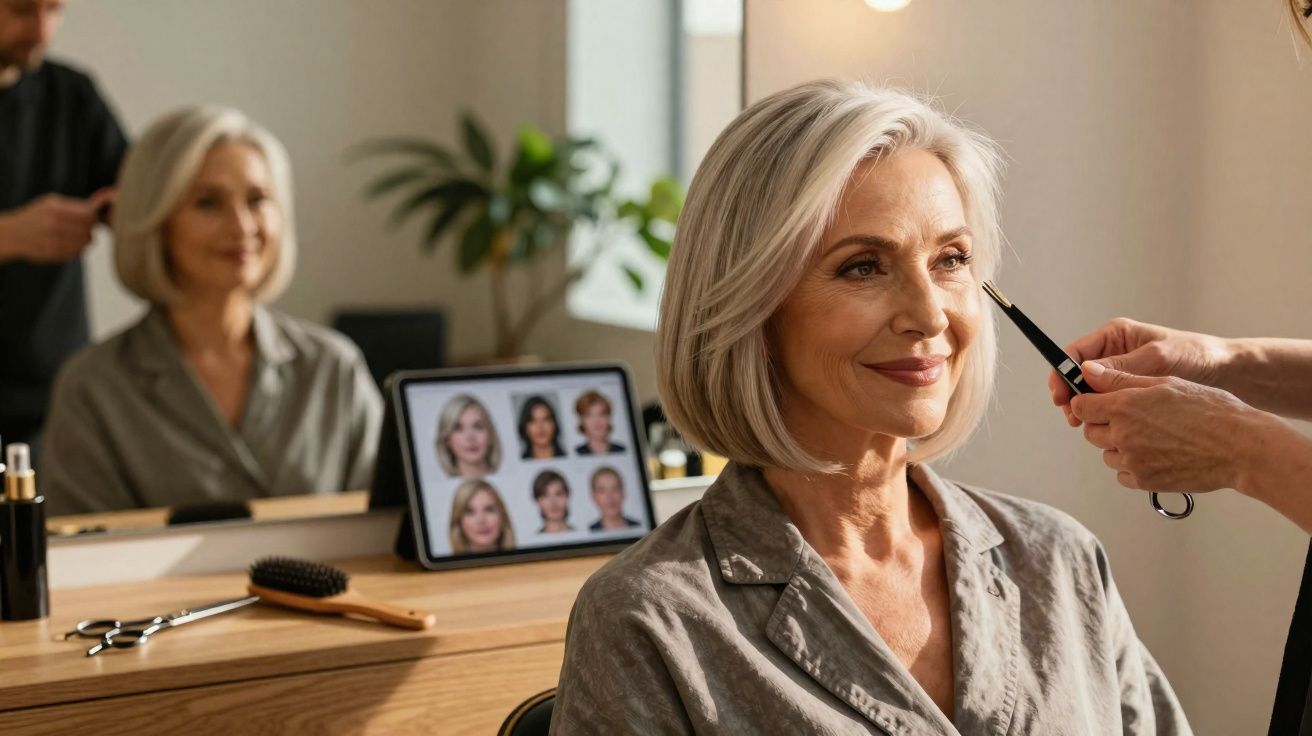 Mulher idosa a receber maquilhagem de profissional num salão de beleza, sentada à frente de um espelho.