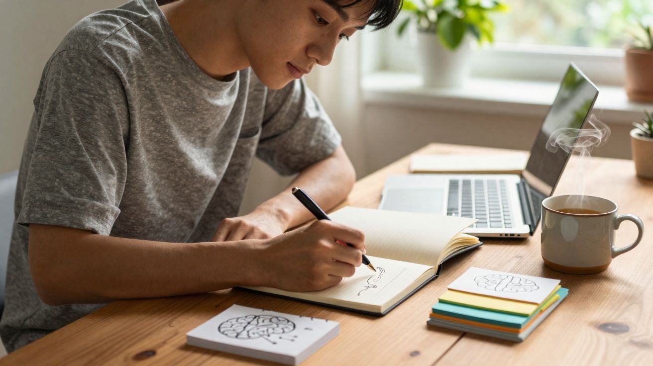 Jovem a desenhar num caderno, com computador portátil, notas e chá quente num ambiente luminoso.