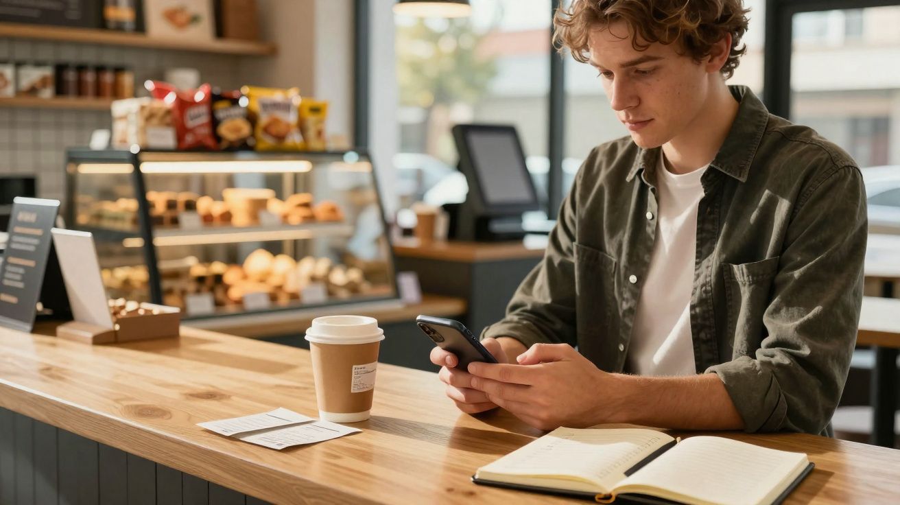 Jovem sentado no café a usar o telemóvel com café e caderno aberto à sua frente num balcão de madeira.