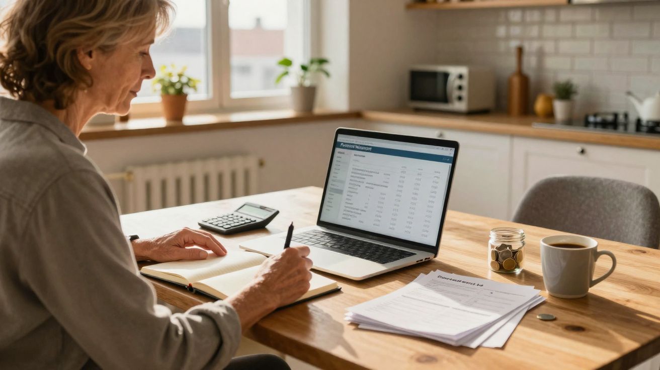 Mulher a trabalhar em finanças pessoais com laptop, caderno, documentos, moedas e café numa cozinha.