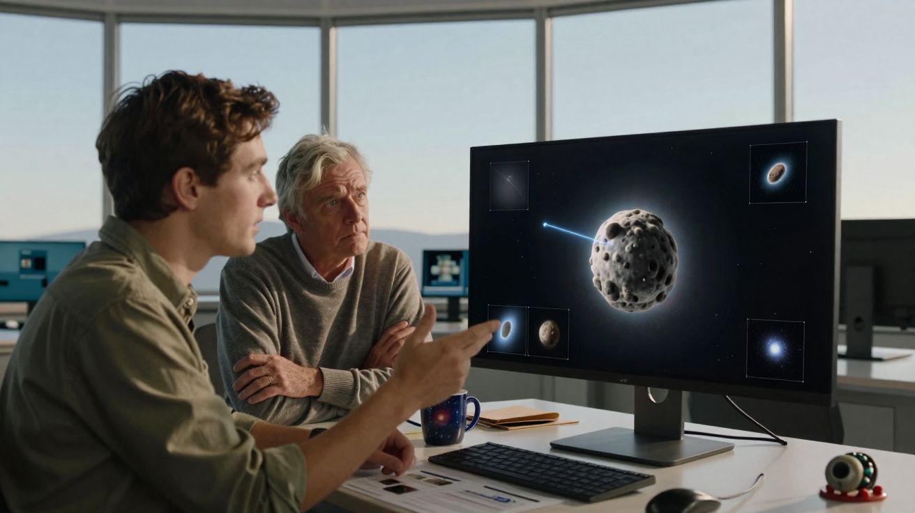 Dois homens analisam imagens de asteroides e corpos celestes numa tela de computador num escritório moderno.
