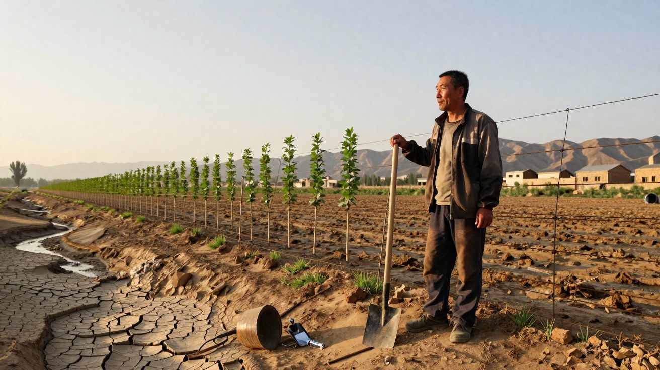Homem com pá numa plantação, terra seca e árvores jovens, montanhas ao fundo sob céu claro.