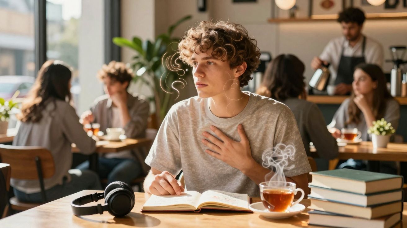 Jovem sentado numa mesa de café, a ler um livro, com chá quente, auscultadores e pilha de livros à sua frente.