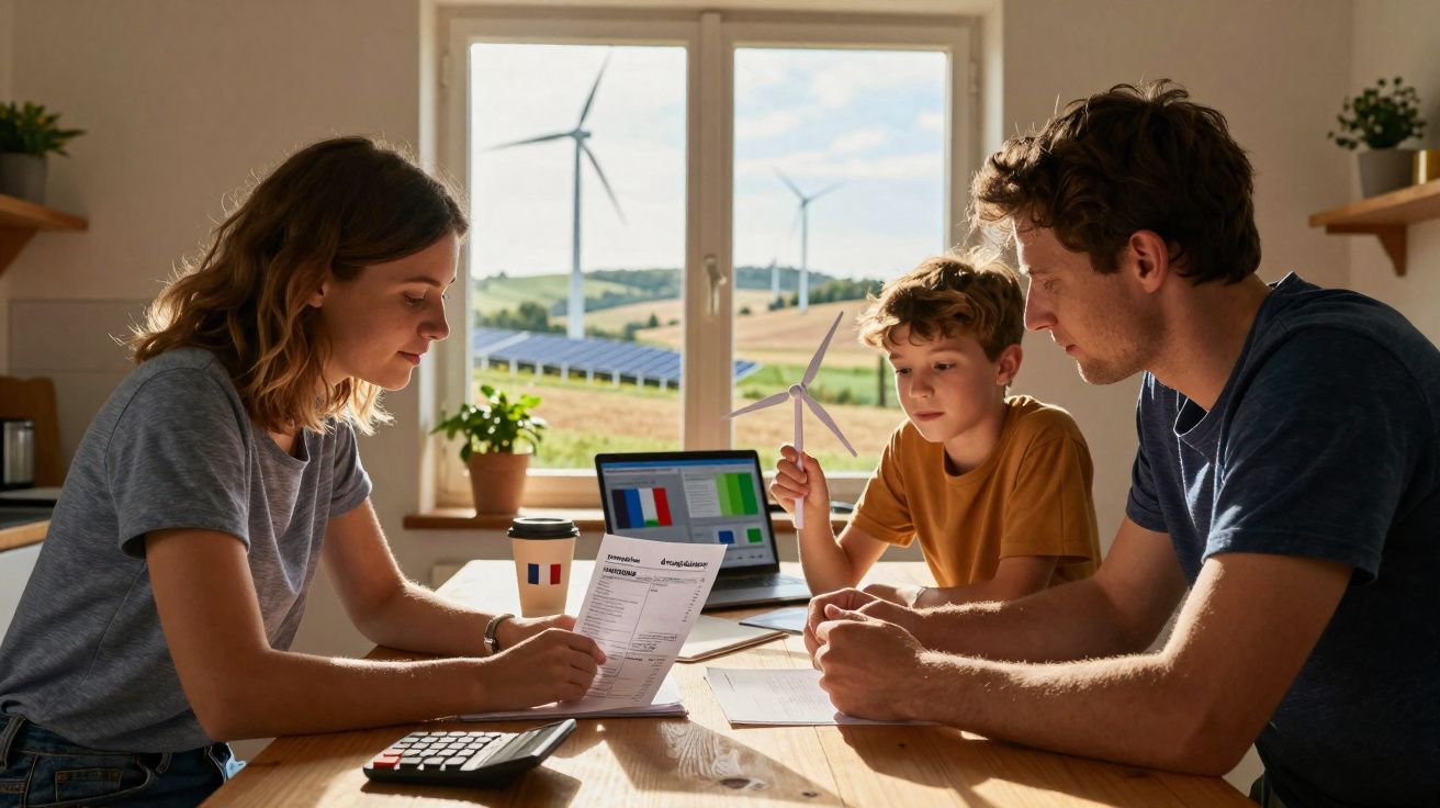 Família analisa contas e planos de energia renovável com turbinas eólicas vistas pela janela.