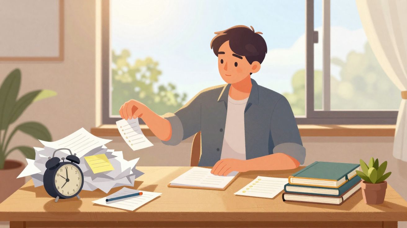 Jovem sentado à secretária com papéis, livros, relógio e planta, a organizar tarefas num ambiente luminoso.